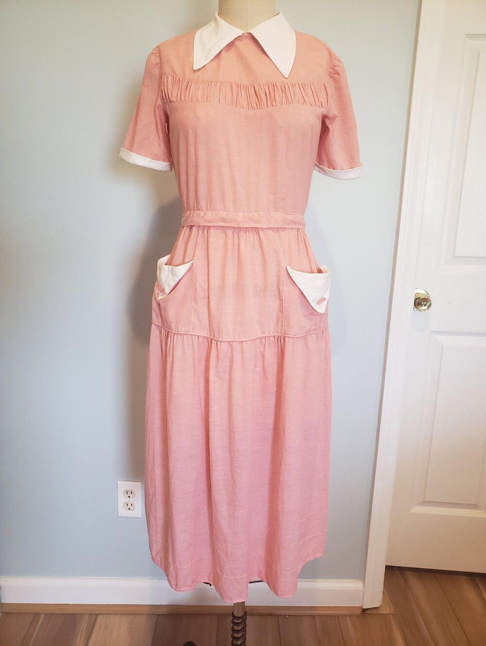 Vintage 1940's Pink & White Midi Dress, 2